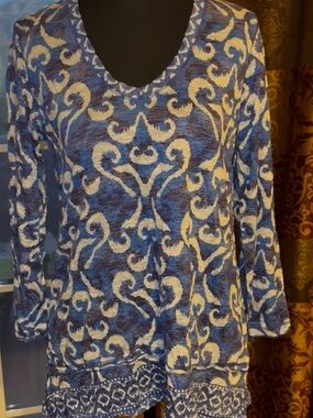 Blue and white V-Neck Women's Top with trimmed accents